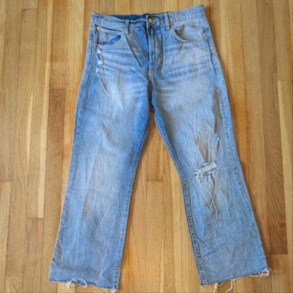 GAP Denim light wash distressed ankle flare jeans